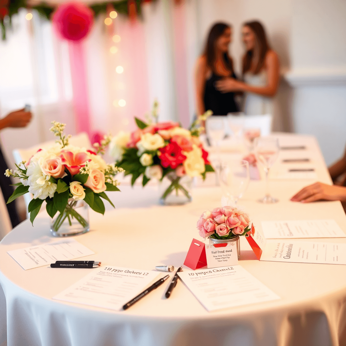 A beautifully decorated bridal shower table with question sheets, pens, and prizes, surrounded by floral arrangements and soft lighting, creating a...
