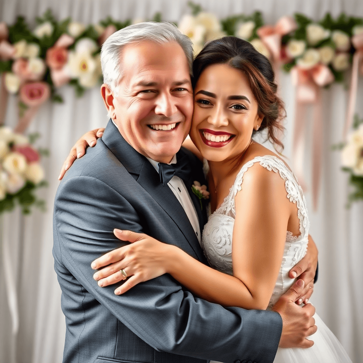 A father and daughter embrace joyfully, smiling amidst wedding decorations of flowers and ribbons, capturing a heartwarming family moment in a mini...