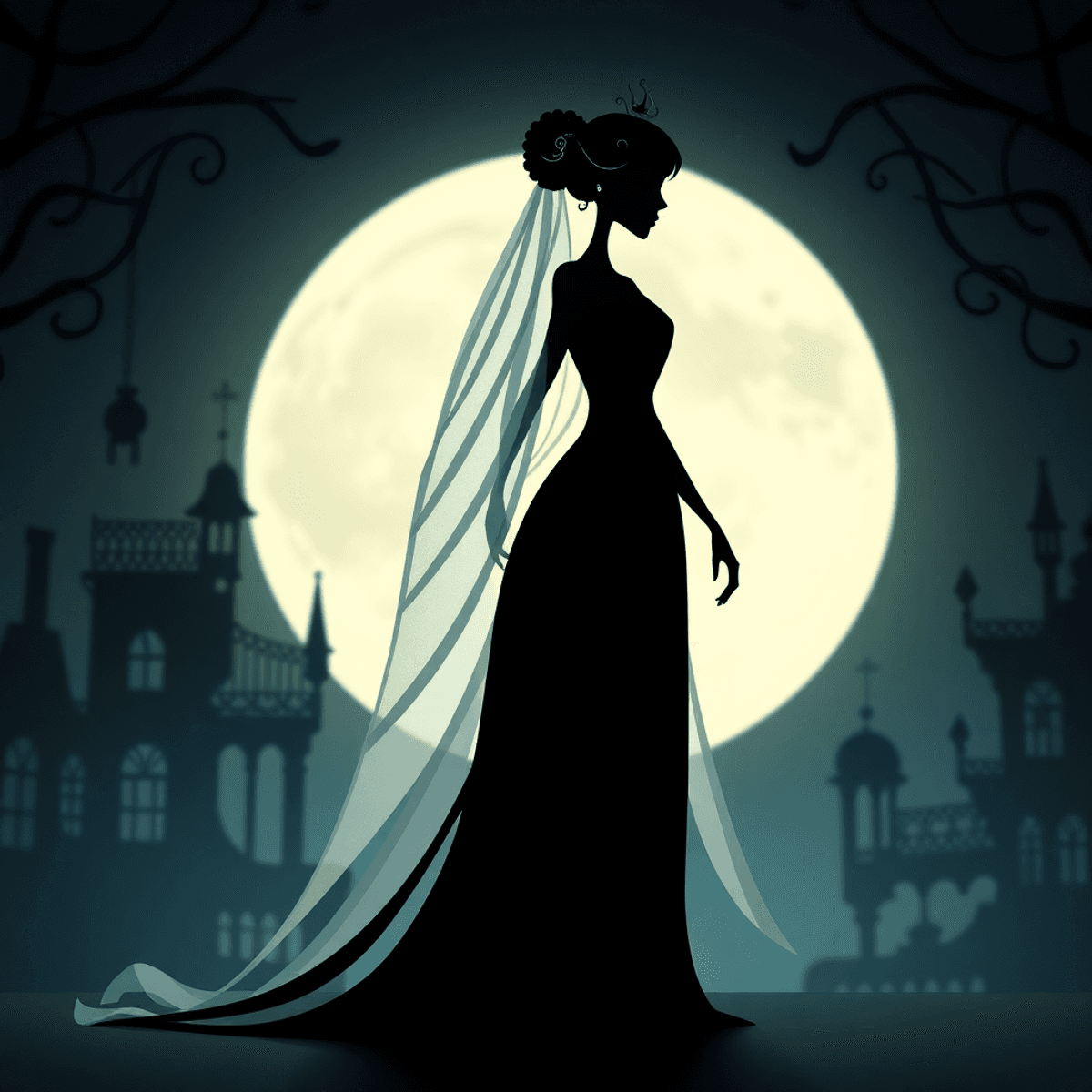 A silhouette of a bride in a flowing wedding gown against a dark, eerie background, featuring Victorian architecture and a moonlit sky in a minimal...