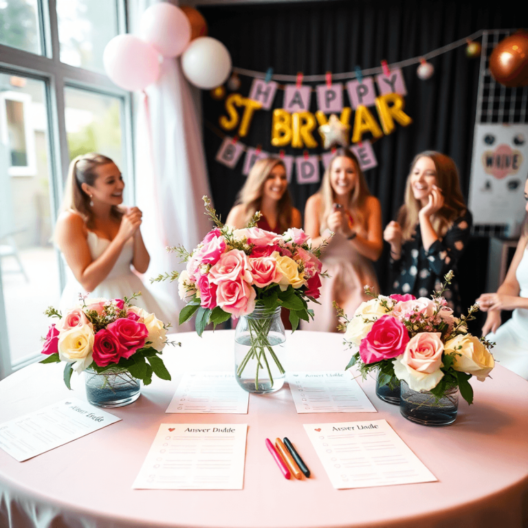 A colorful bridal shower table adorned with floral arrangements, answer sheets, and pens, surrounded by playful balloons and banners, radiating joy...