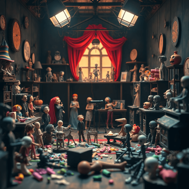 A gothic-style animation studio with intricate puppets, tools, and colorful clay materials, featuring a camera set up for stop-motion, evoking a wh...