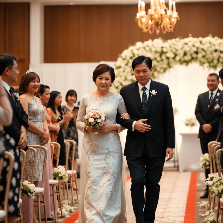 A mother of the bride walks down the aisle with a family member, surrounded by a beautifully decorated venue with flowers and soft lighting, captur...