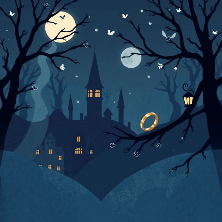 A whimsical Gothic illustration of a Victorian village with a dark forest backdrop, featuring a wedding ring on a branch and ethereal mist in deep ...