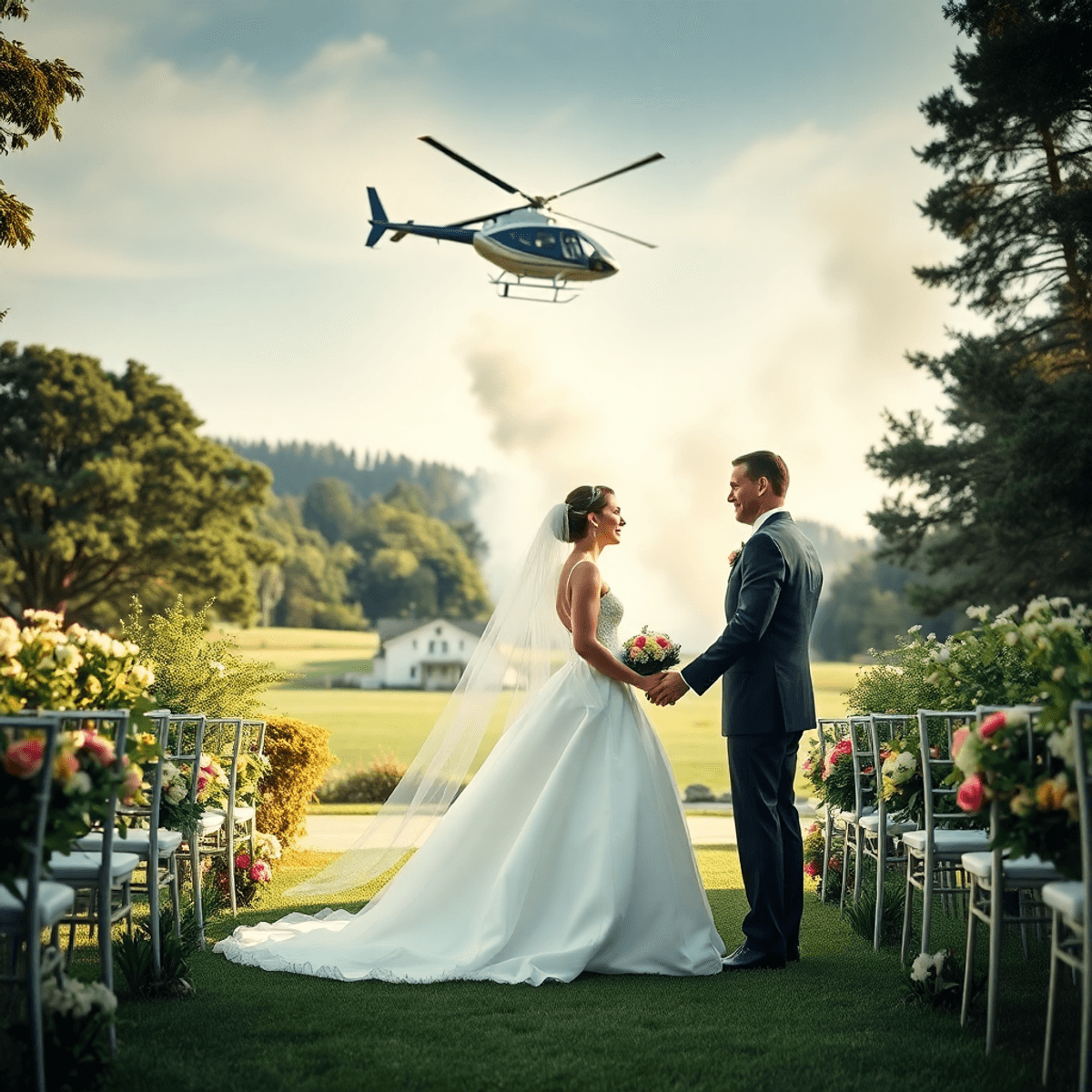 A bride in a stunning wedding dress and a groom in a classic suit celebrate outdoors, surrounded by greenery, while a helicopter spirals out of con...