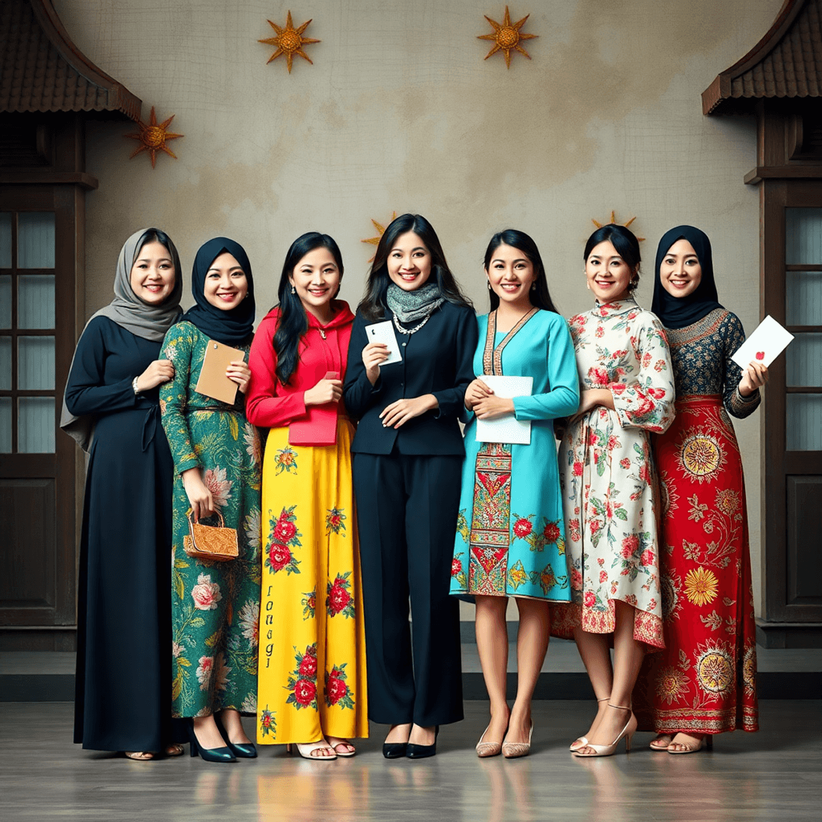 A diverse group of confident women stands together, smiling and holding letters and flags, representing global relationships against a backdrop of ...