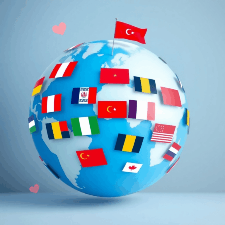 A minimalist globe adorned with various country flags, hearts, and wedding rings, symbolizing international matchmaking and online dating in a posi...