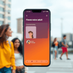 Smartphone screen showing minimalist dating app interface with voice messaging and profile verification icons against a vibrant urban background.