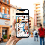 Smartphone showing a casual dating app with chat bubbles and profiles, set against a vibrant city backdrop in minimalist style.