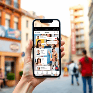 Smartphone showing a casual dating app with chat bubbles and profiles, set against a vibrant city backdrop in minimalist style.