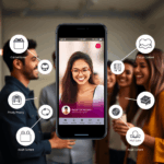 Smartphone showing a vibrant dating app interface with icons for connections and privacy, people smiling and socializing in the blurred background.